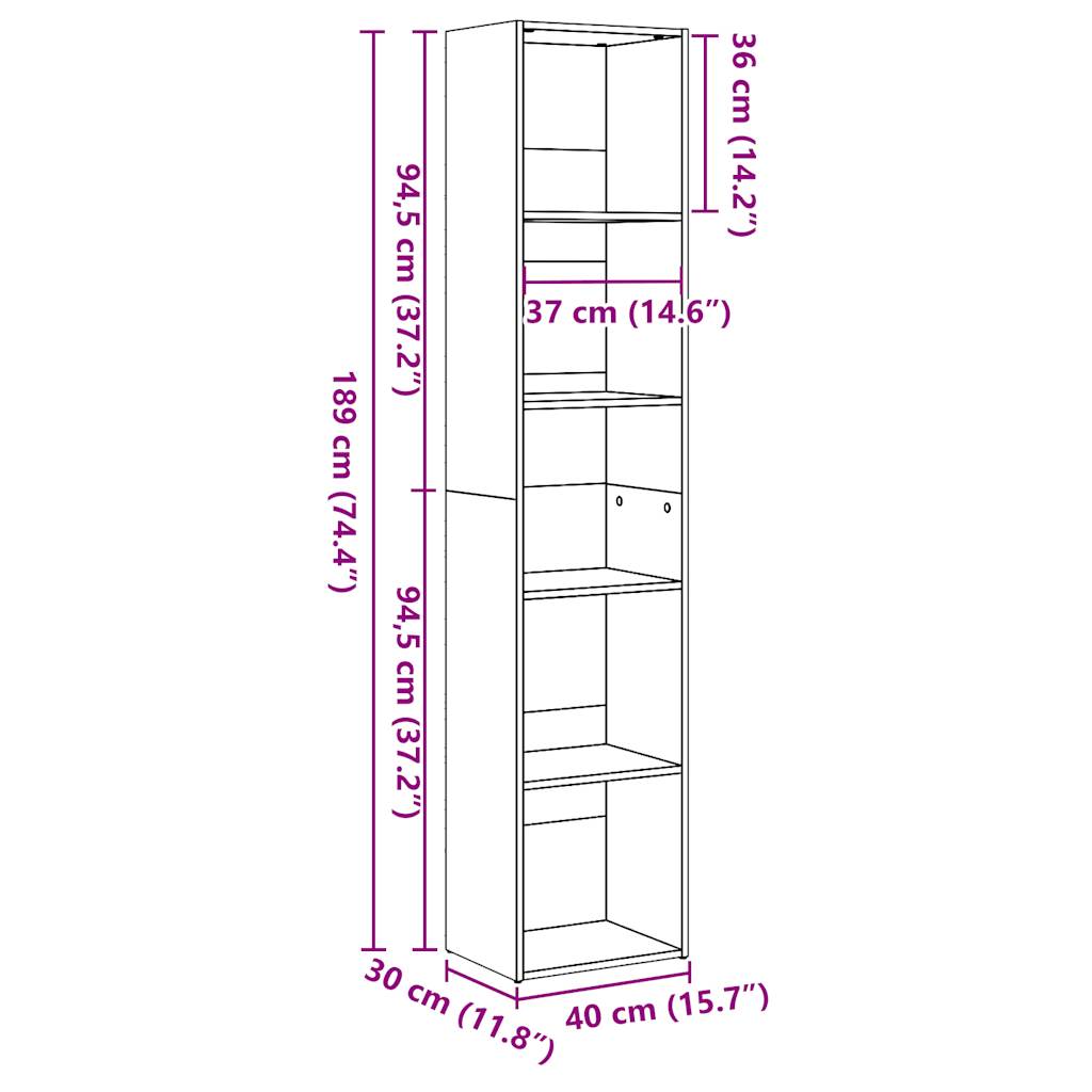 Boekenkast 40x30x189 cm bewerkt hout hoogglans wit