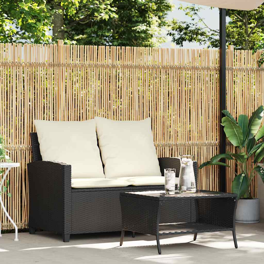 Tuinbank 2-zits met kussens & tafel poly rattan zwart