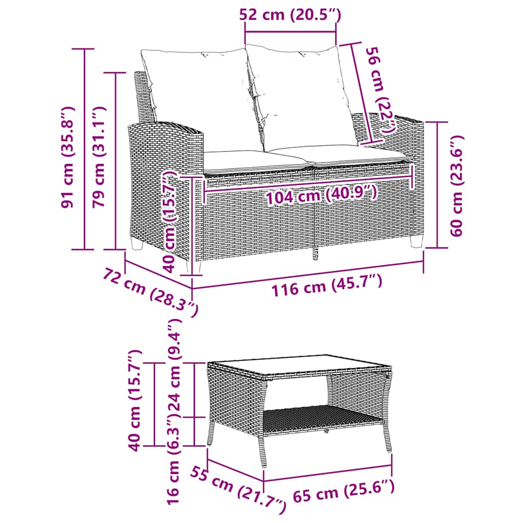 Tuinbank 2-zits met kussens & tafel poly rattan zwart