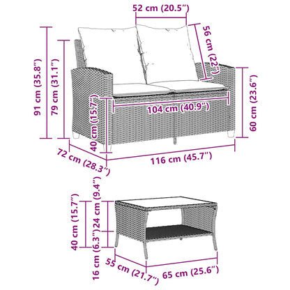 Tuinbank 2-zits met kussens & tafel poly rattan zwart