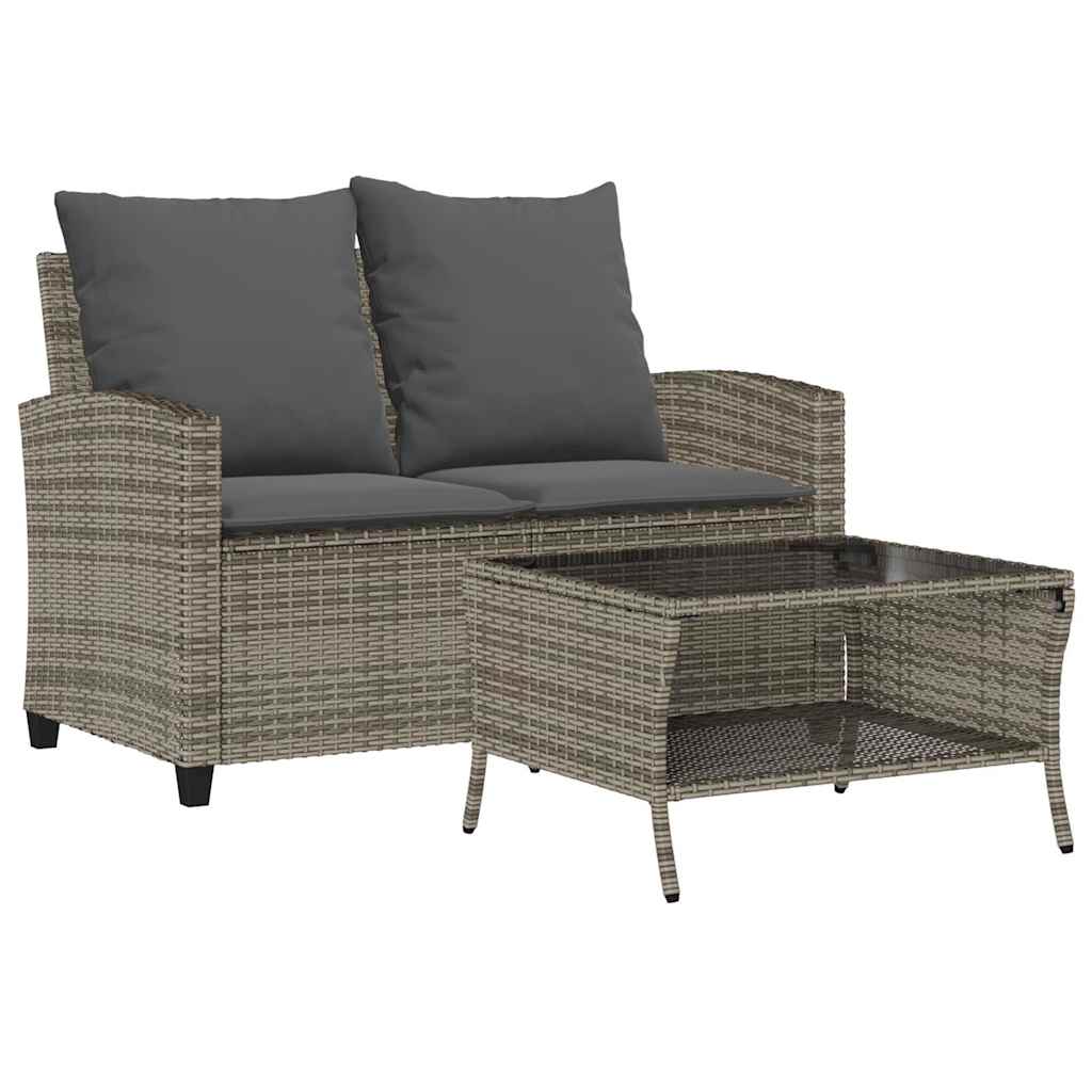 Tuinbank 2-zits met kussens & tafel poly rattan grijs