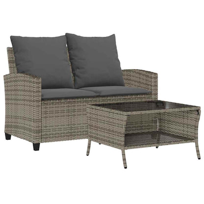 Tuinbank 2-zits met kussens & tafel poly rattan grijs