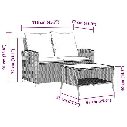 Tuinbank 2-zits met kussens & tafel poly rattan grijs
