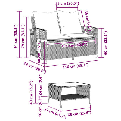 Tuinbank 2-zits met kussens & tafel poly rattan grijs