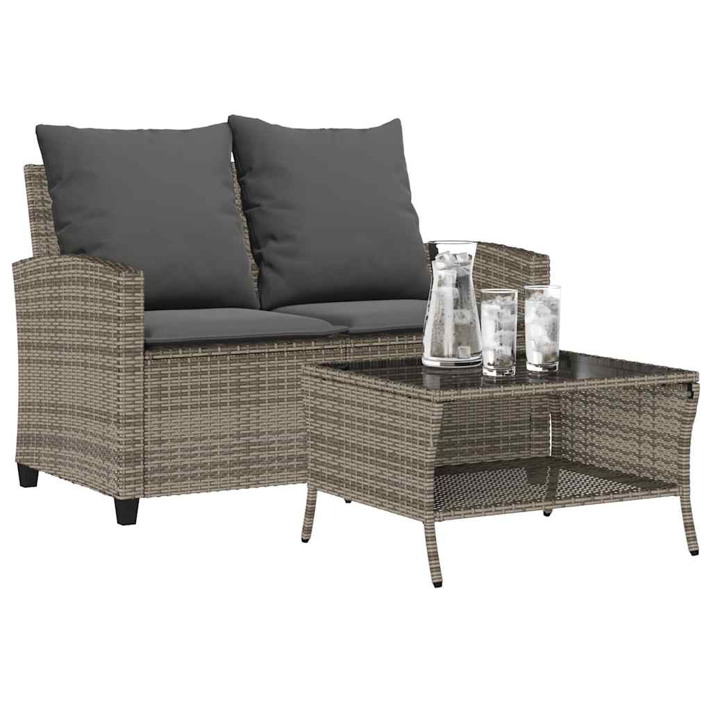 Tuinbank 2-zits met kussens & tafel poly rattan grijs
