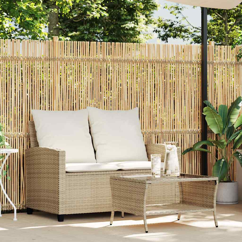 Tuinbank 2-zits met kussens & tafel poly rattan beige