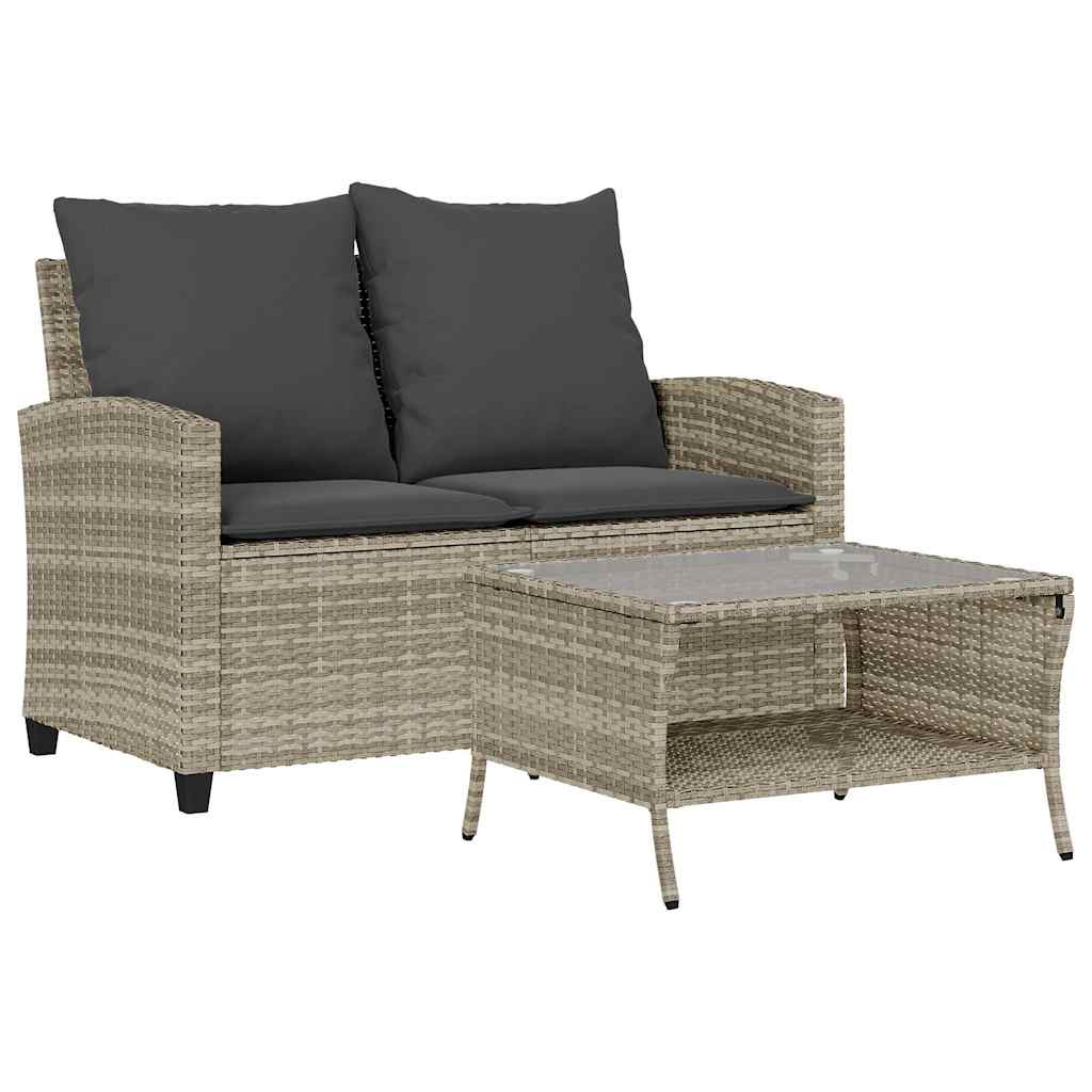 Tuinbank 2-zits met kussens & tafel poly rattan lichtgrijs