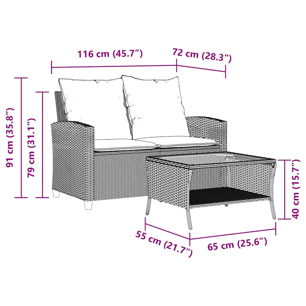 Tuinbank 2-zits met kussens & tafel poly rattan lichtgrijs