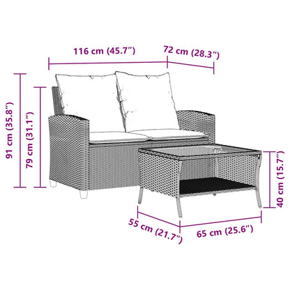 Tuinbank 2-zits met kussens & tafel poly rattan lichtgrijs