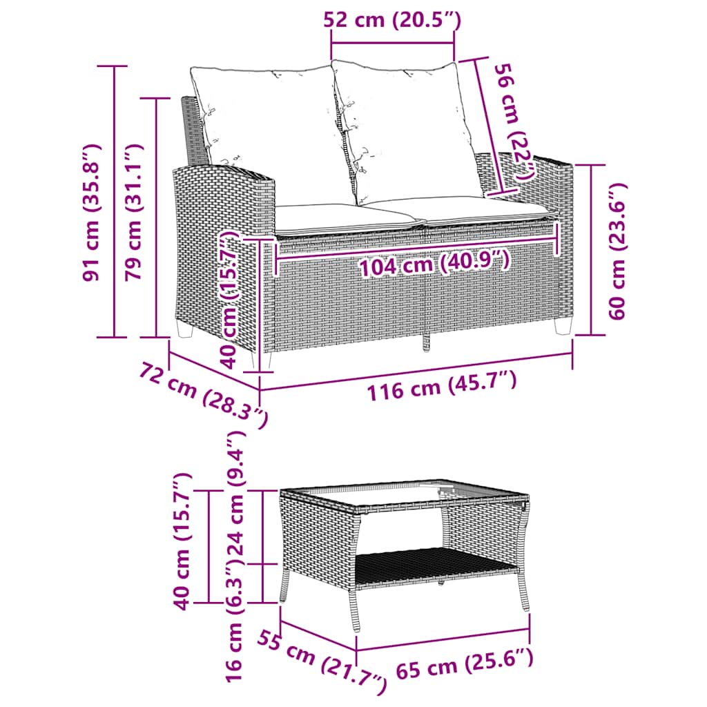 Tuinbank 2-zits met kussens & tafel poly rattan lichtgrijs