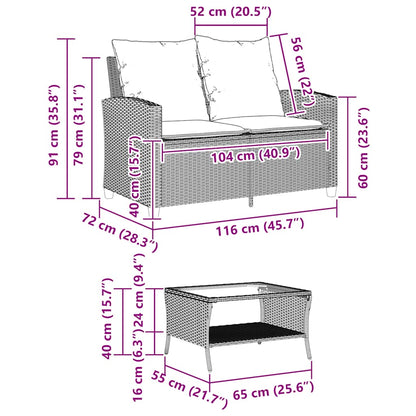 Tuinbank 2-zits met kussens & tafel poly rattan lichtgrijs
