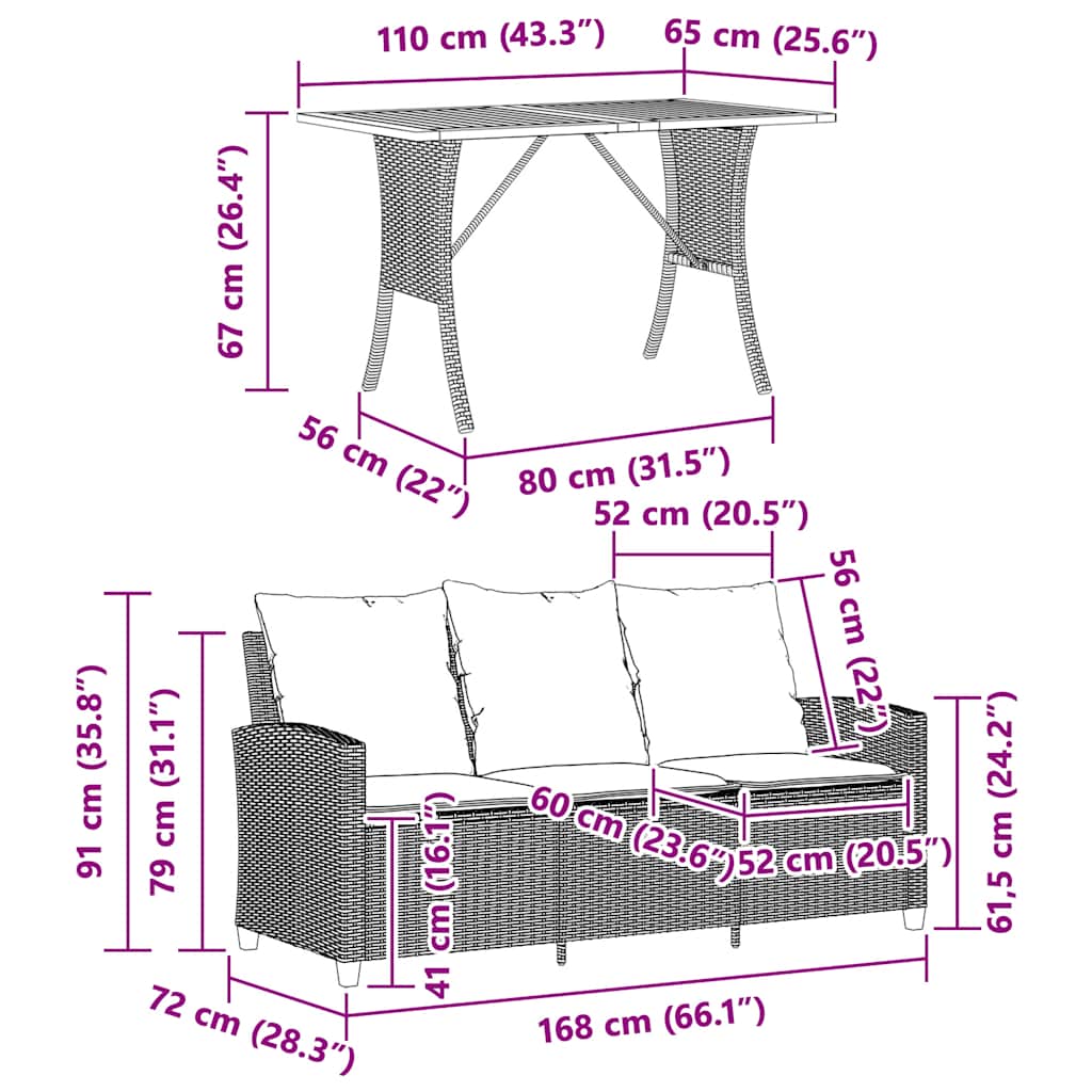 Tuinbank 3-zits met kussens & tafel poly rattan zwart