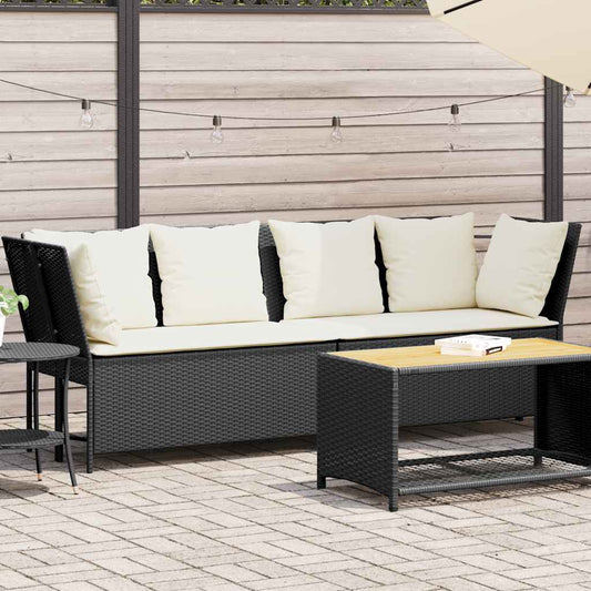 Tuinbank met kussens poly rattan zwart