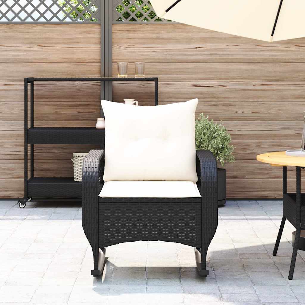 Tuinschommelstoel met kussens poly rattan zwart