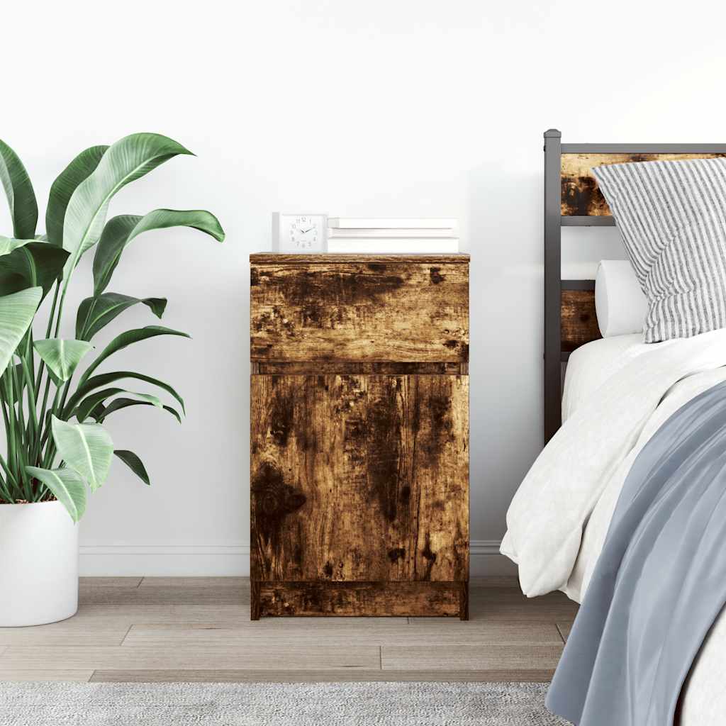 Nachtkastje 39x35x65 cm bewerkt hout gerookt eikenkleurig
