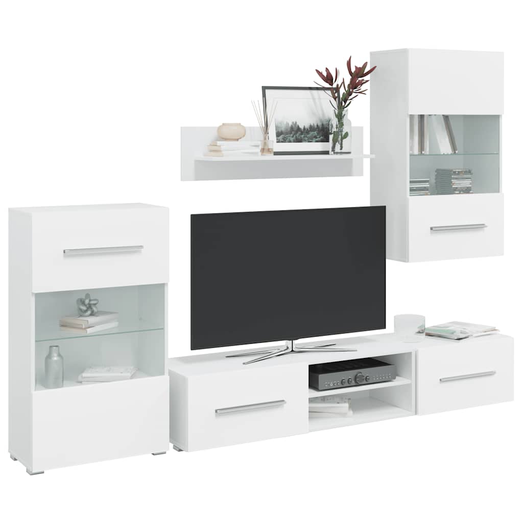 5-delige Tv-meubels met LED-verlichting bewerkt hout matwit