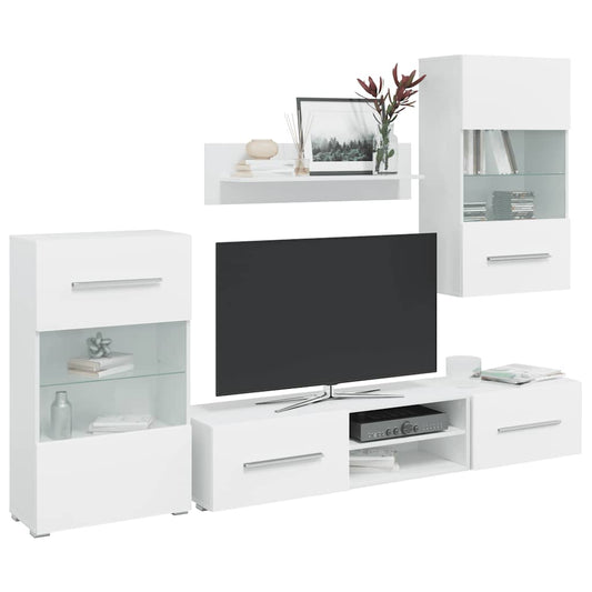 5-delige Tv-meubels met LED-verlichting bewerkt hout matwit