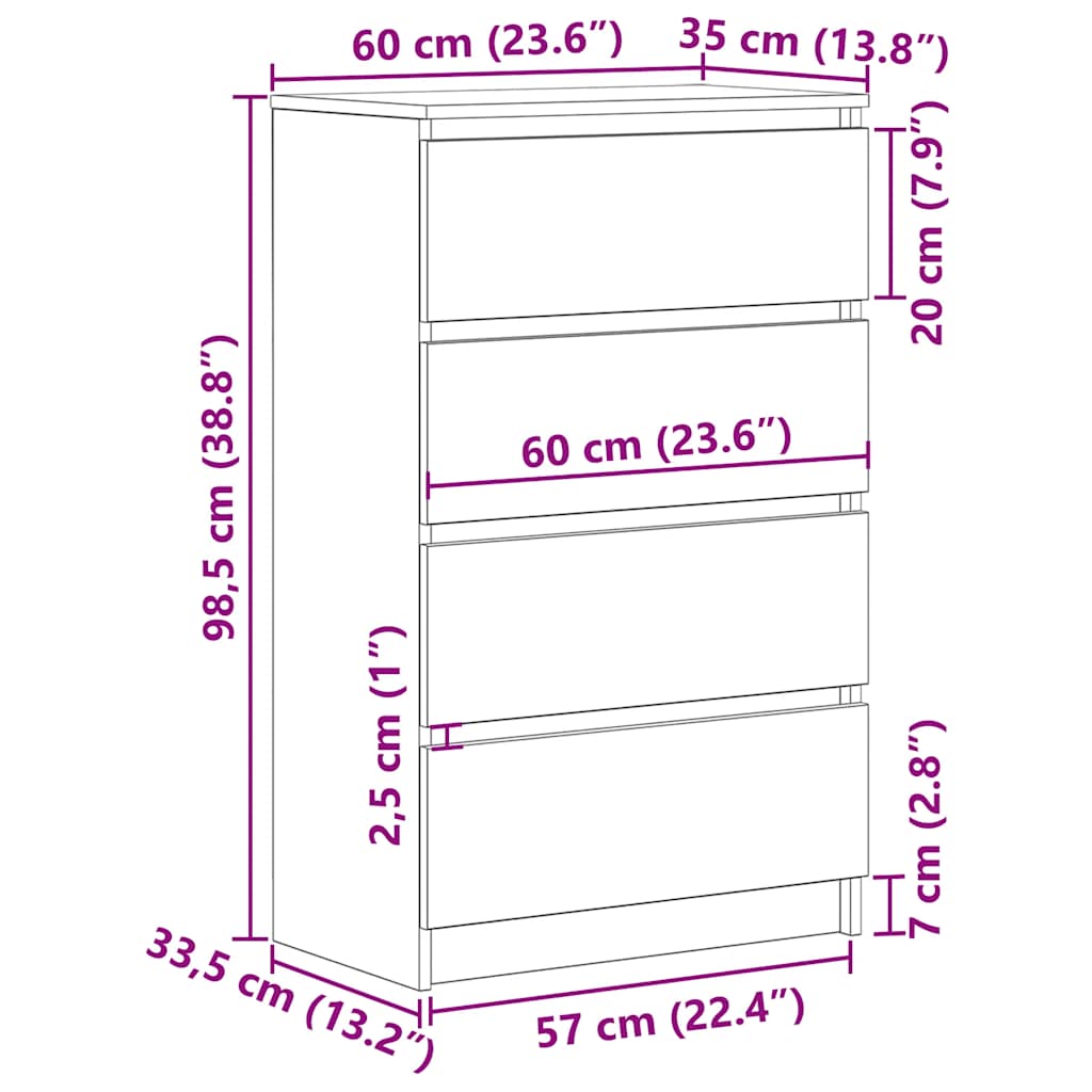 Dressoir 60x35x98,5 cm bewerkt hout artisanaal eikenkleur
