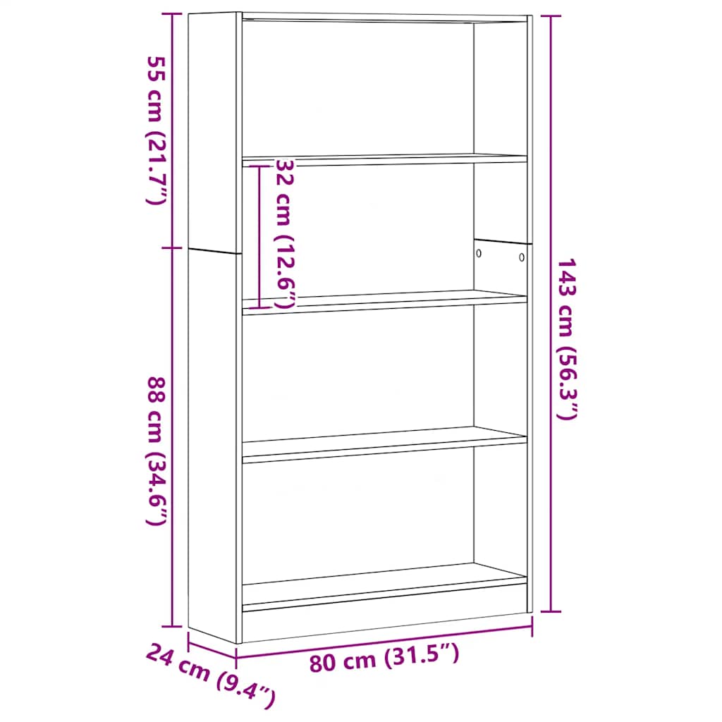 Boekenkast 4-laags 80x24x143 cm spaanplaat zwart eikenkleurig