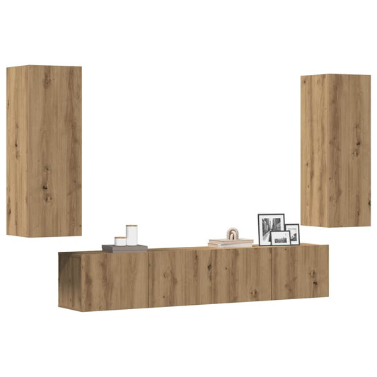 Tv-wandkasten 4 st bewerkt hout artisanaal eikenkleurig