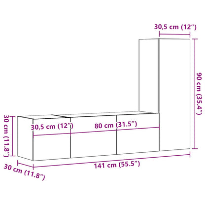 Tv-wandkasten 3 st bewerkt hout oud houtkleurig