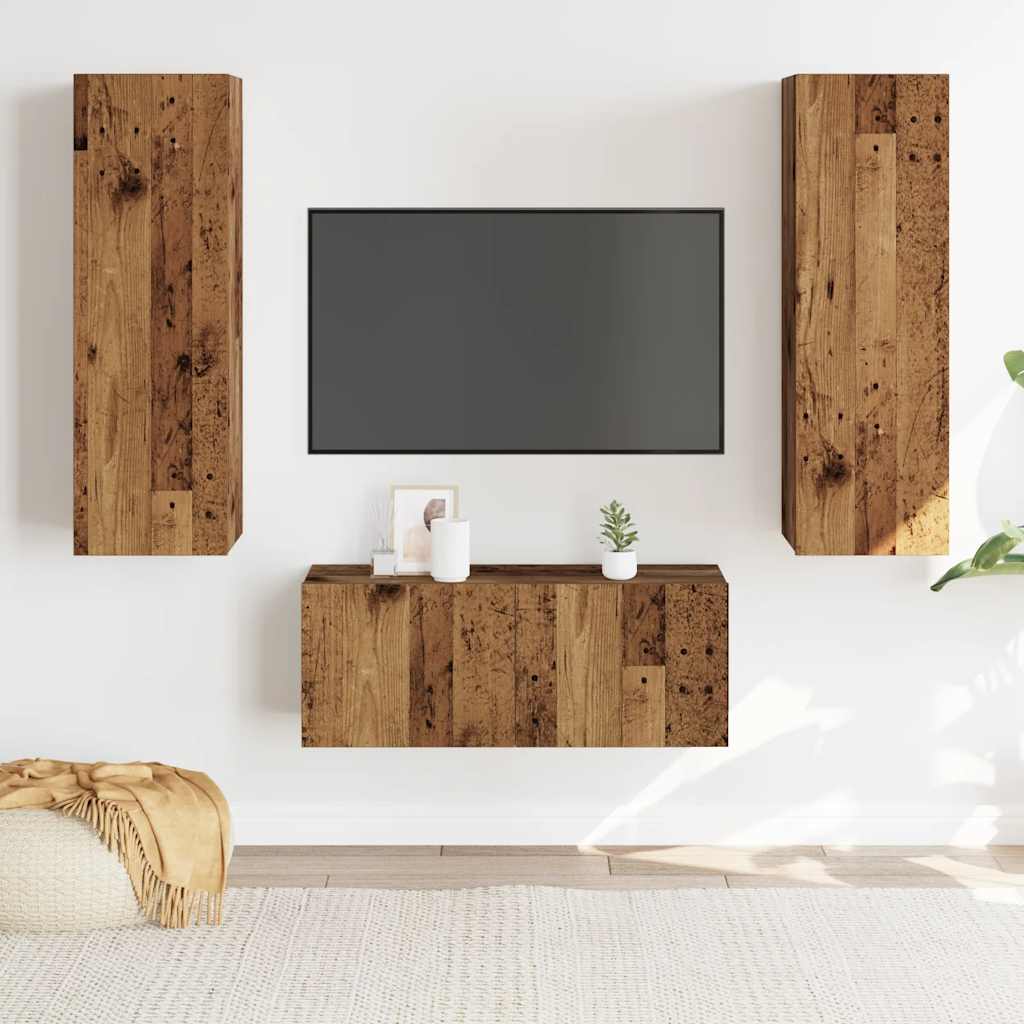 Tv-wandkasten 3 st bewerkt hout oud houtkleurig