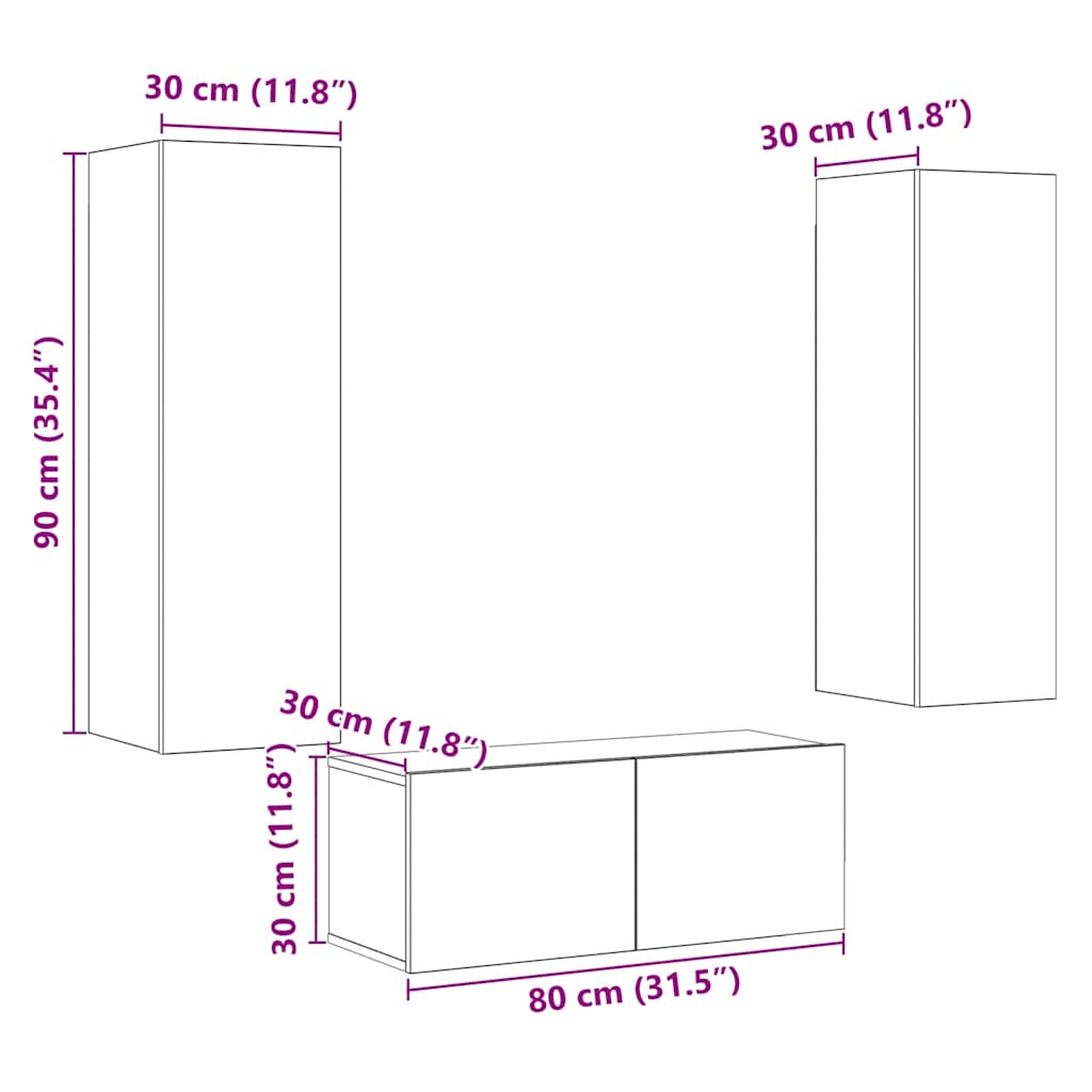 Tv-wandkasten 3 st bewerkt hout oud houtkleurig