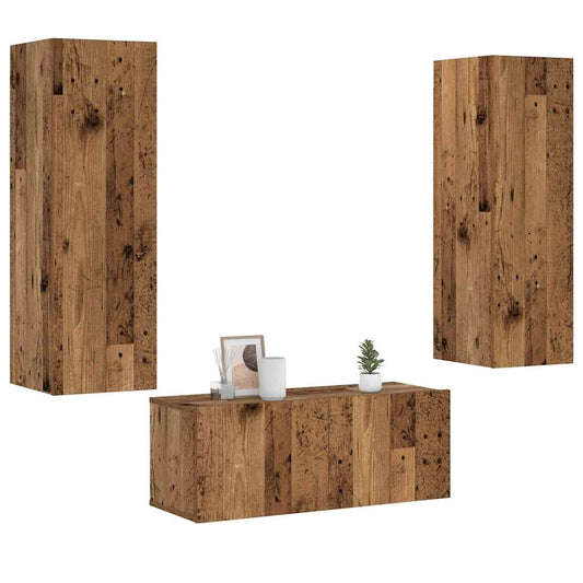 Tv-wandkasten 3 st bewerkt hout oud houtkleurig