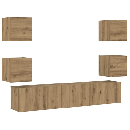 Tv-wandkasten 6 st bewerkt hout artisanaal eikenkleurig