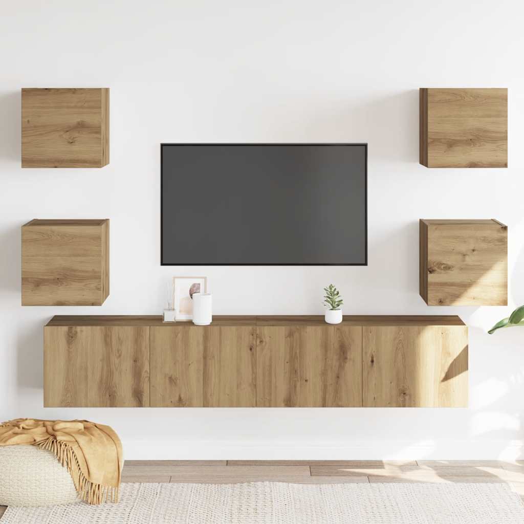 Tv-wandkasten 6 st bewerkt hout artisanaal eikenkleurig