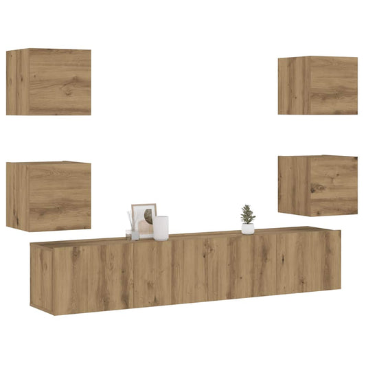 Tv-wandkasten 6 st bewerkt hout artisanaal eikenkleurig