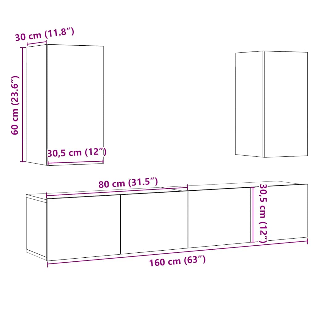 Tv-wandkasten 4 st bewerkt hout artisanaal eikenkleurig