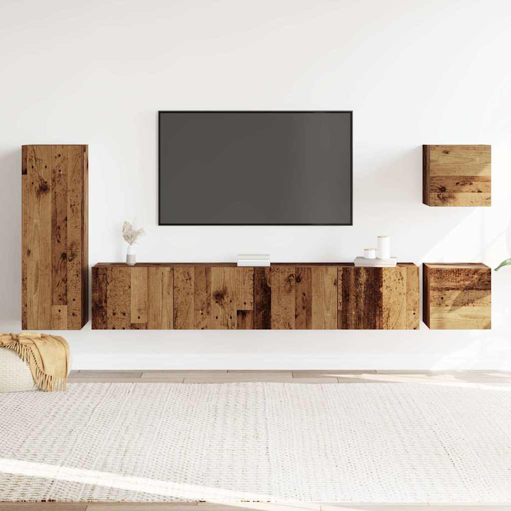 5-delig Tv-meubelset wandmontage bewerkt hout oud houtkleurig