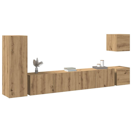 5-delig Tv-meubelset wandmontage bewerkt hout artisanaal eiken