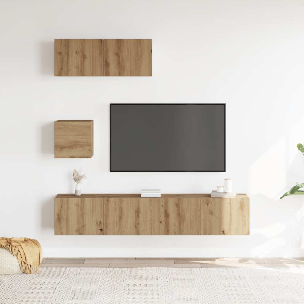 4-delig Tv-meubelset wandmontage bewerkt hout artisanaal eiken