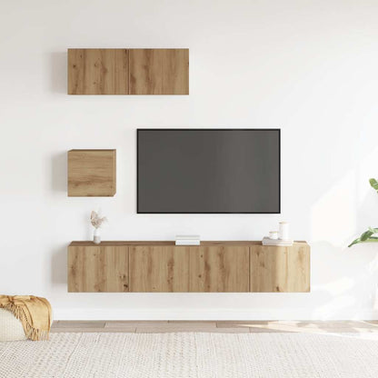 4-delig Tv-meubelset wandmontage bewerkt hout artisanaal eiken