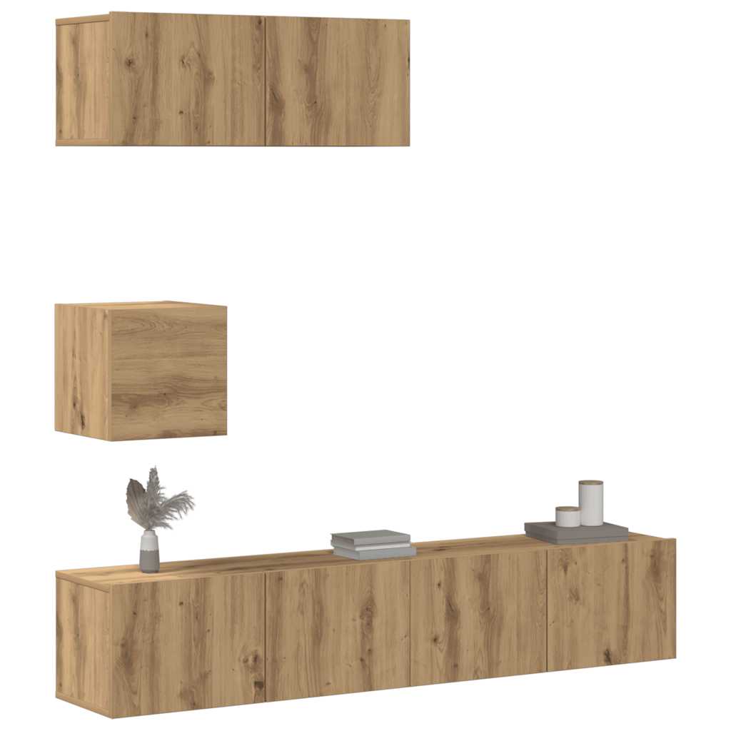 4-delig Tv-meubelset wandmontage bewerkt hout artisanaal eiken