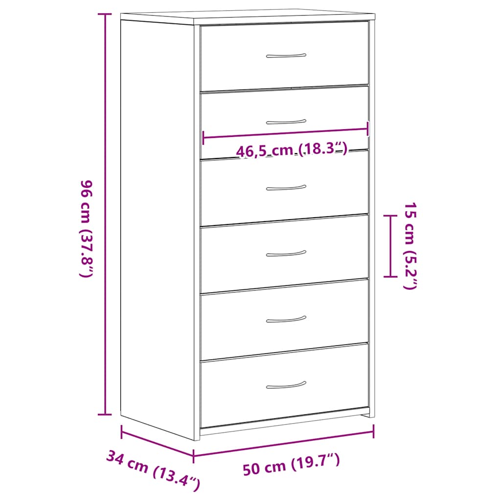 Dressoir met 6 lades 50x34x96 cm spaanplaat zwart eikenkleurig